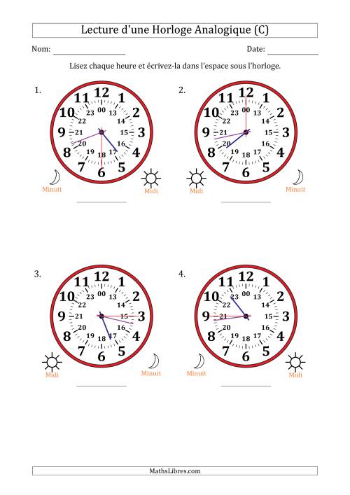 Lecture de l'Heure sur Une Horloge Analogique utilisant le système horaire sur 24 heures avec 15 Secondes d'Intervalle (4 Horloges) (C)