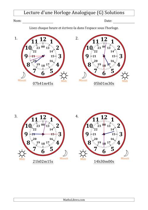 Lecture de l'Heure sur Une Horloge Analogique utilisant le système horaire sur 24 heures avec 15 Secondes d'Intervalle (4 Horloges) (G) page 2