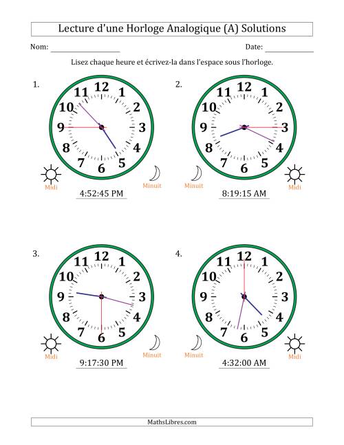 Lecture de l'Heure sur Une Horloge Analogique utilisant le système horaire sur 12 heures avec 15 Secondes d'Intervalle (4 Horloges) (A) page 2
