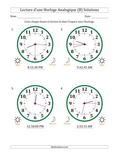 Lecture de l'Heure sur Une Horloge Analogique utilisant le système horaire sur 12 heures avec 15 Secondes d'Intervalle (4 Horloges) (B) page 2