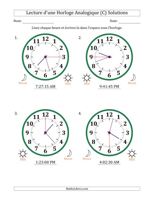 Lecture de l'Heure sur Une Horloge Analogique utilisant le système horaire sur 12 heures avec 15 Secondes d'Intervalle (4 Horloges) (C) page 2