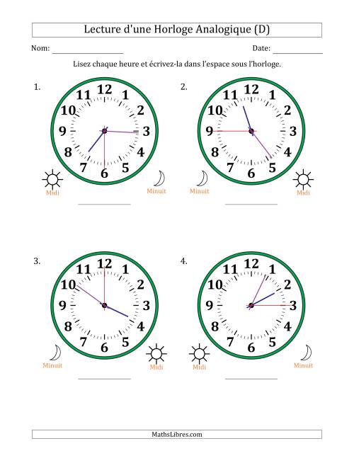 Lecture de l'Heure sur Une Horloge Analogique utilisant le système horaire sur 12 heures avec 15 Secondes d'Intervalle (4 Horloges) (D)
