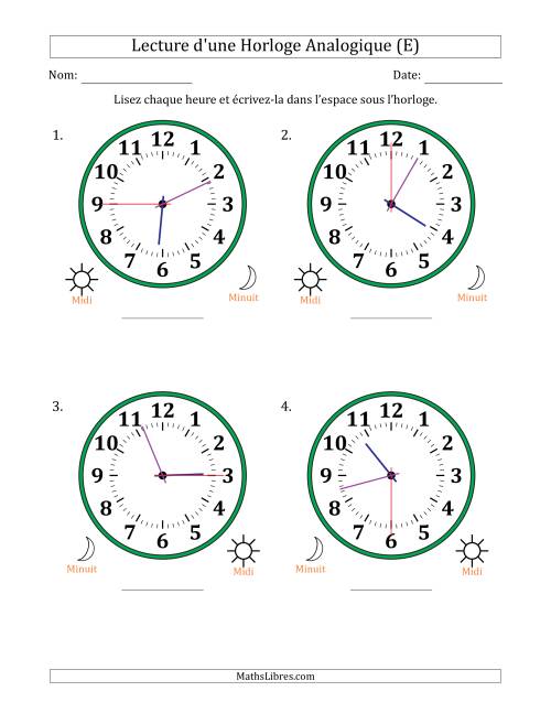 Lecture de l'Heure sur Une Horloge Analogique utilisant le système horaire sur 12 heures avec 15 Secondes d'Intervalle (4 Horloges) (E)