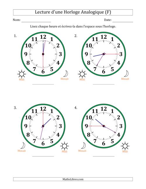 Lecture de l'Heure sur Une Horloge Analogique utilisant le système horaire sur 12 heures avec 15 Secondes d'Intervalle (4 Horloges) (F)