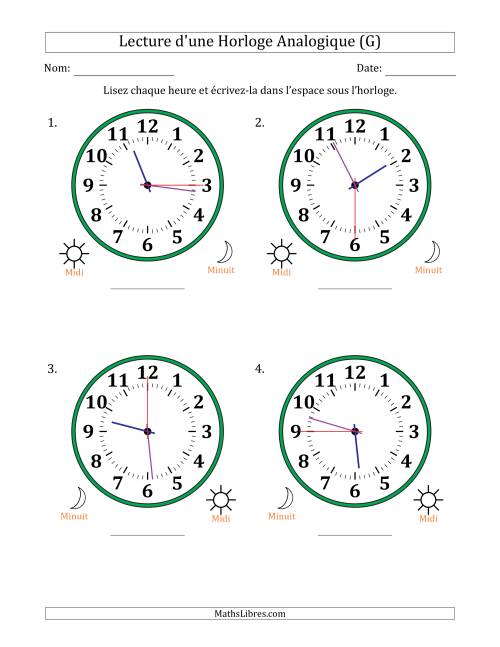 Lecture de l'Heure sur Une Horloge Analogique utilisant le système horaire sur 12 heures avec 15 Secondes d'Intervalle (4 Horloges) (G)