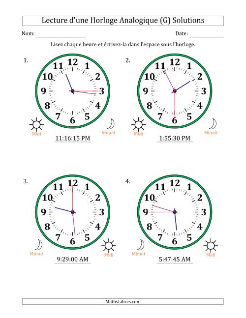 Lecture de l'Heure sur Une Horloge Analogique utilisant le système horaire sur 12 heures avec 15 Secondes d'Intervalle (4 Horloges) (G) page 2