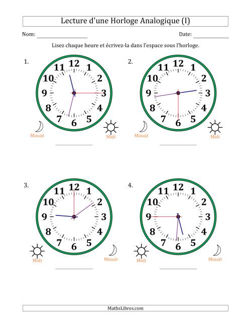 Lecture de l'Heure sur Une Horloge Analogique utilisant le système horaire sur 12 heures avec 15 Secondes d'Intervalle (4 Horloges) (I)