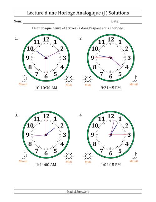 Lecture de l'Heure sur Une Horloge Analogique utilisant le système horaire sur 12 heures avec 15 Secondes d'Intervalle (4 Horloges) (J) page 2