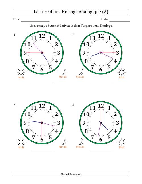 Lecture de l'Heure sur Une Horloge Analogique utilisant le système horaire sur 12 heures avec 15 Secondes d'Intervalle (4 Horloges) (Tout)