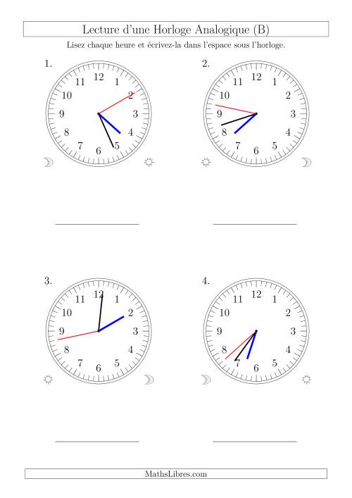 Lecture de l'Heure sur Une Horloge Analogique avec 1 Minute  Seconde d'Intervalle (4 Horloges) (B)