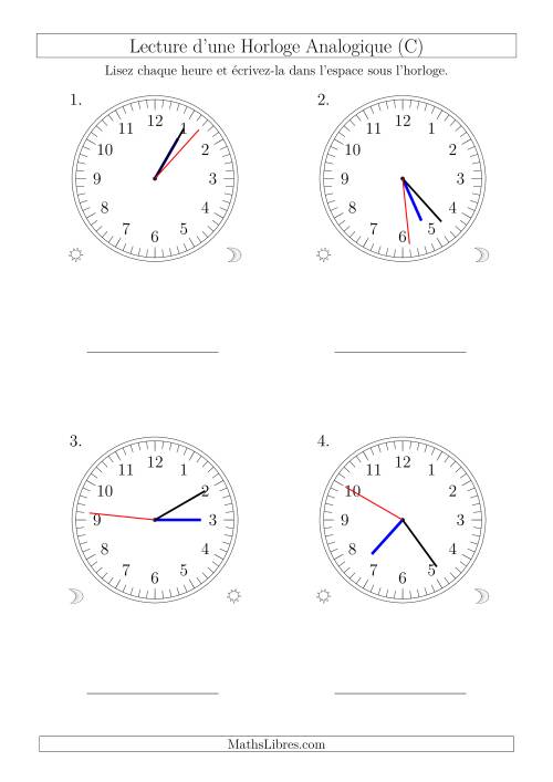 Lecture de l'Heure sur Une Horloge Analogique avec 1 Minute  Seconde d'Intervalle (4 Horloges) (C)