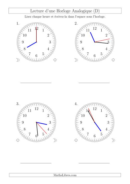 Lecture de l'Heure sur Une Horloge Analogique avec 1 Minute  Seconde d'Intervalle (4 Horloges) (D)