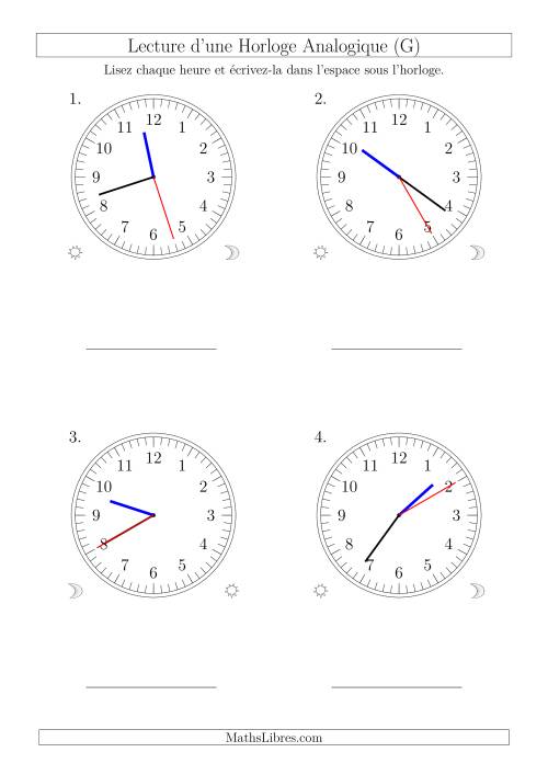 Lecture de l'Heure sur Une Horloge Analogique avec 1 Minute  Seconde d'Intervalle (4 Horloges) (G)