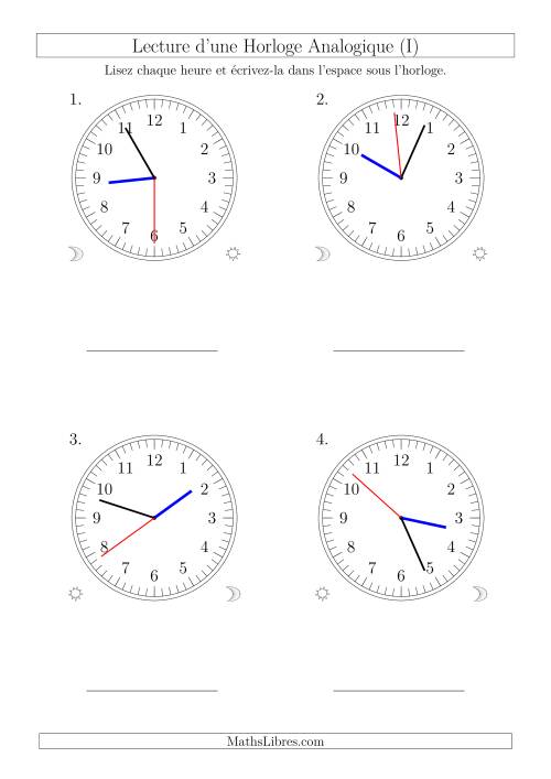 Lecture de l'Heure sur Une Horloge Analogique avec 1 Minute  Seconde d'Intervalle (4 Horloges) (I)