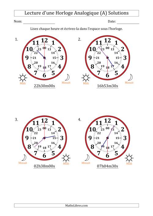 Lecture de l'Heure sur Une Horloge Analogique utilisant le système horaire sur 24 heures avec 30 Secondes d'Intervalle (4 Horloges) (A) page 2
