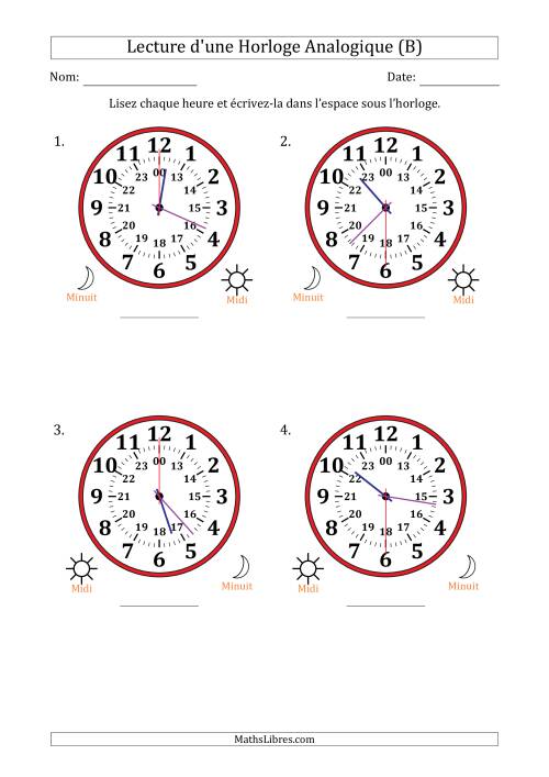 Lecture de l'Heure sur Une Horloge Analogique utilisant le système horaire sur 24 heures avec 30 Secondes d'Intervalle (4 Horloges) (B)