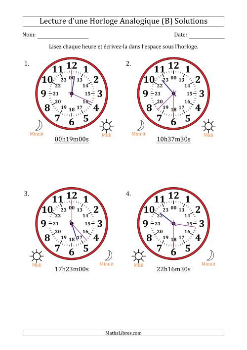 Lecture de l'Heure sur Une Horloge Analogique utilisant le système horaire sur 24 heures avec 30 Secondes d'Intervalle (4 Horloges) (B) page 2