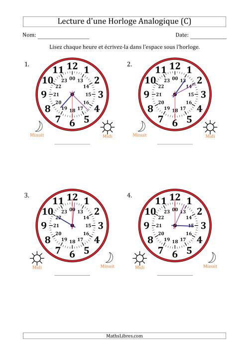 Lecture de l'Heure sur Une Horloge Analogique utilisant le système horaire sur 24 heures avec 30 Secondes d'Intervalle (4 Horloges) (C)