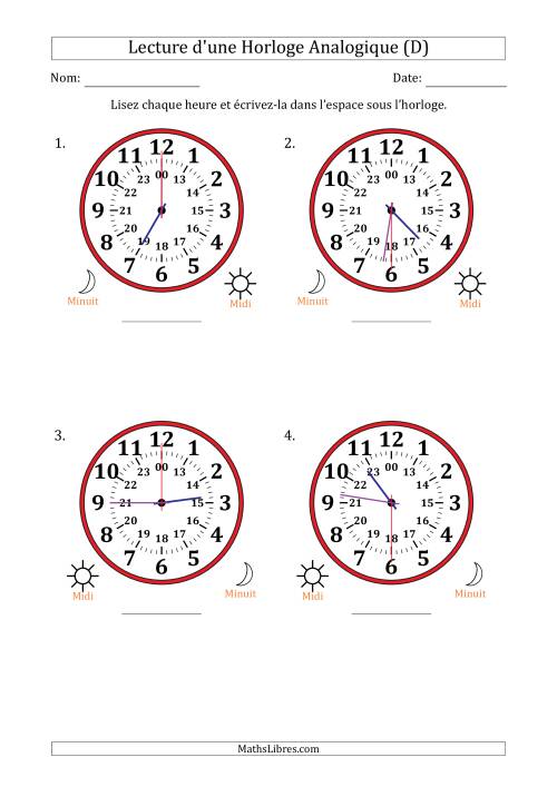 Lecture de l'Heure sur Une Horloge Analogique utilisant le système horaire sur 24 heures avec 30 Secondes d'Intervalle (4 Horloges) (D)