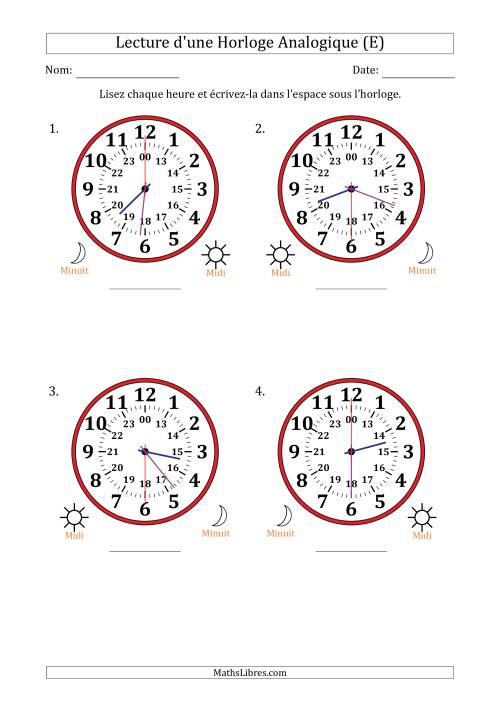 Lecture de l'Heure sur Une Horloge Analogique utilisant le système horaire sur 24 heures avec 30 Secondes d'Intervalle (4 Horloges) (E)