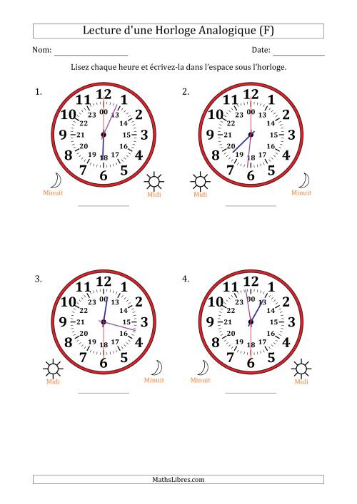 Lecture de l'Heure sur Une Horloge Analogique utilisant le système horaire sur 24 heures avec 30 Secondes d'Intervalle (4 Horloges) (F)