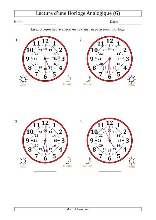 Lecture de l'Heure sur Une Horloge Analogique utilisant le système horaire sur 24 heures avec 30 Secondes d'Intervalle (4 Horloges) (G)