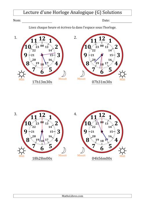 Lecture de l'Heure sur Une Horloge Analogique utilisant le système horaire sur 24 heures avec 30 Secondes d'Intervalle (4 Horloges) (G) page 2