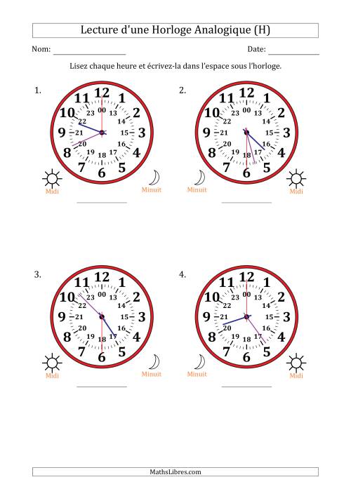 Lecture de l'Heure sur Une Horloge Analogique utilisant le système horaire sur 24 heures avec 30 Secondes d'Intervalle (4 Horloges) (H)