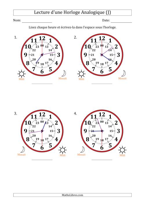Lecture de l'Heure sur Une Horloge Analogique utilisant le système horaire sur 24 heures avec 30 Secondes d'Intervalle (4 Horloges) (J)