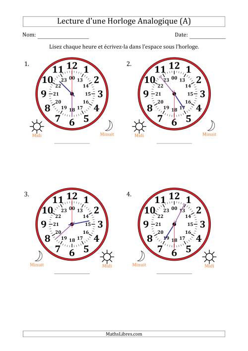 Lecture de l'Heure sur Une Horloge Analogique utilisant le système horaire sur 24 heures avec 30 Secondes d'Intervalle (4 Horloges) (Tout)