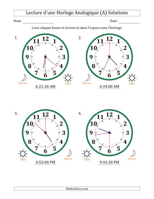Lecture de l'Heure sur Une Horloge Analogique utilisant le système horaire sur 12 heures avec 30 Secondes d'Intervalle (4 Horloges) (A) page 2