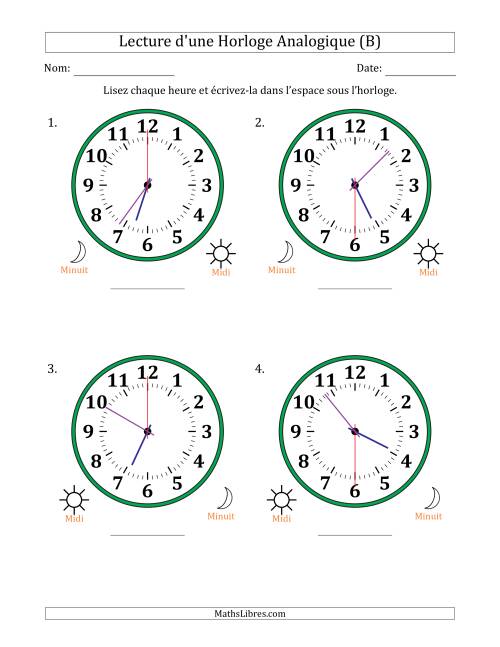 Lecture de l'Heure sur Une Horloge Analogique utilisant le système horaire sur 12 heures avec 30 Secondes d'Intervalle (4 Horloges) (B)