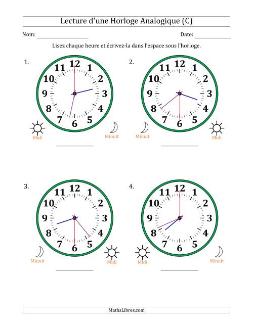 Lecture de l'Heure sur Une Horloge Analogique utilisant le système horaire sur 12 heures avec 30 Secondes d'Intervalle (4 Horloges) (C)