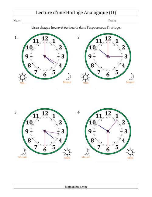 Lecture de l'Heure sur Une Horloge Analogique utilisant le système horaire sur 12 heures avec 30 Secondes d'Intervalle (4 Horloges) (D)