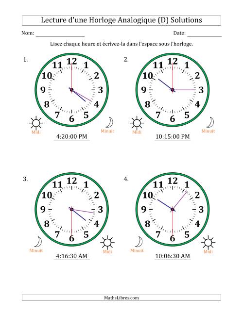 Lecture de l'Heure sur Une Horloge Analogique utilisant le système horaire sur 12 heures avec 30 Secondes d'Intervalle (4 Horloges) (D) page 2