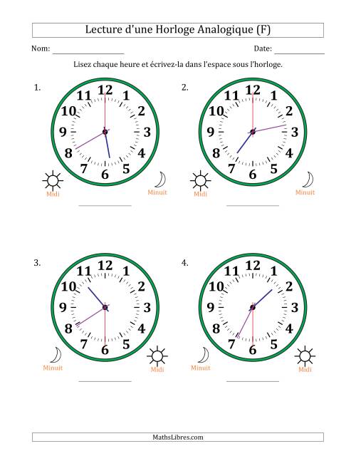 Lecture de l'Heure sur Une Horloge Analogique utilisant le système horaire sur 12 heures avec 30 Secondes d'Intervalle (4 Horloges) (F)