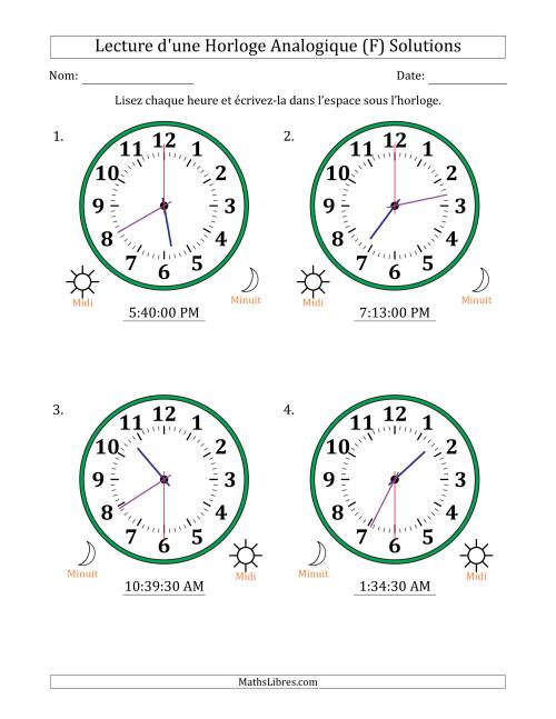 Lecture de l'Heure sur Une Horloge Analogique utilisant le système horaire sur 12 heures avec 30 Secondes d'Intervalle (4 Horloges) (F) page 2