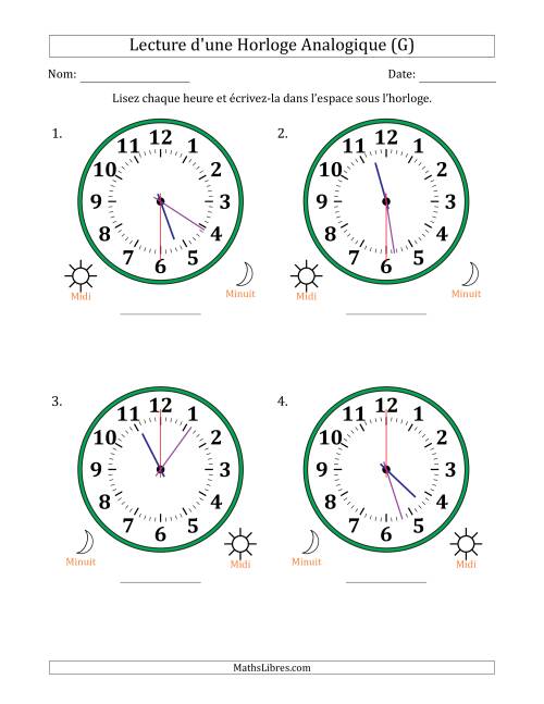 Lecture de l'Heure sur Une Horloge Analogique utilisant le système horaire sur 12 heures avec 30 Secondes d'Intervalle (4 Horloges) (G)