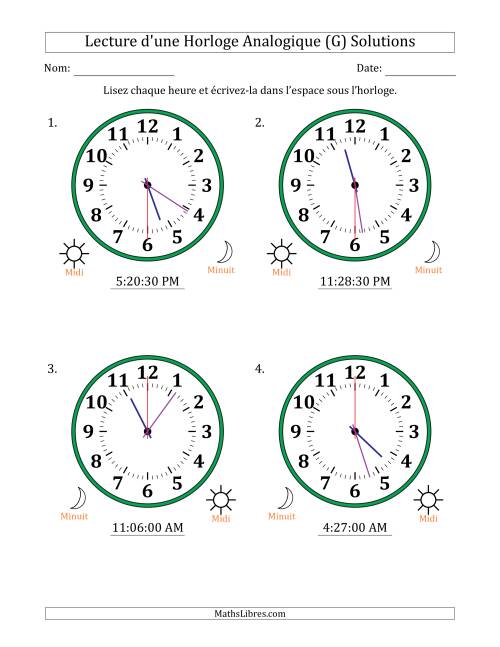 Lecture de l'Heure sur Une Horloge Analogique utilisant le système horaire sur 12 heures avec 30 Secondes d'Intervalle (4 Horloges) (G) page 2