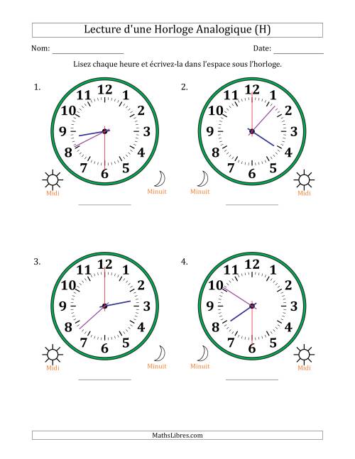 Lecture de l'Heure sur Une Horloge Analogique utilisant le système horaire sur 12 heures avec 30 Secondes d'Intervalle (4 Horloges) (H)