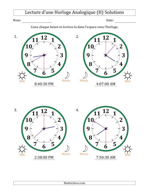 Lecture de l'Heure sur Une Horloge Analogique utilisant le système horaire sur 12 heures avec 30 Secondes d'Intervalle (4 Horloges) (H) page 2