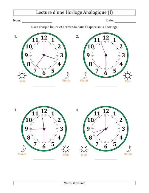 Lecture de l'Heure sur Une Horloge Analogique utilisant le système horaire sur 12 heures avec 30 Secondes d'Intervalle (4 Horloges) (I)