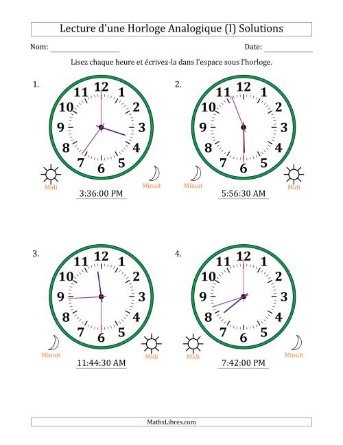 Lecture de l'Heure sur Une Horloge Analogique utilisant le système horaire sur 12 heures avec 30 Secondes d'Intervalle (4 Horloges) (I) page 2