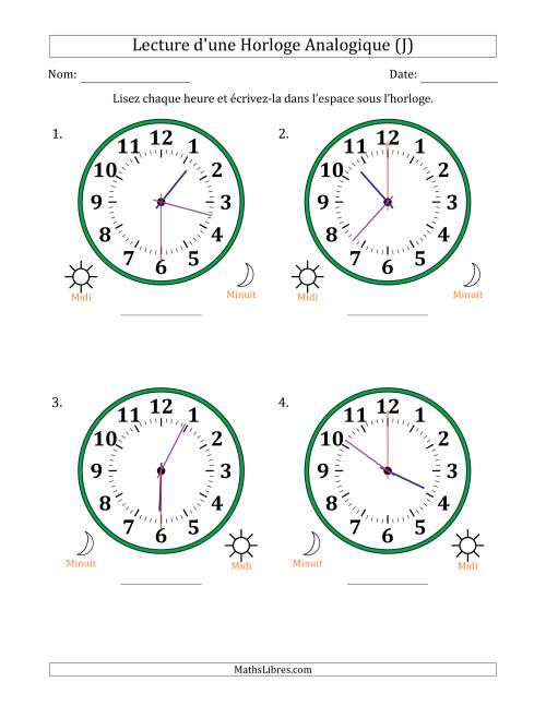 Lecture de l'Heure sur Une Horloge Analogique utilisant le système horaire sur 12 heures avec 30 Secondes d'Intervalle (4 Horloges) (J)