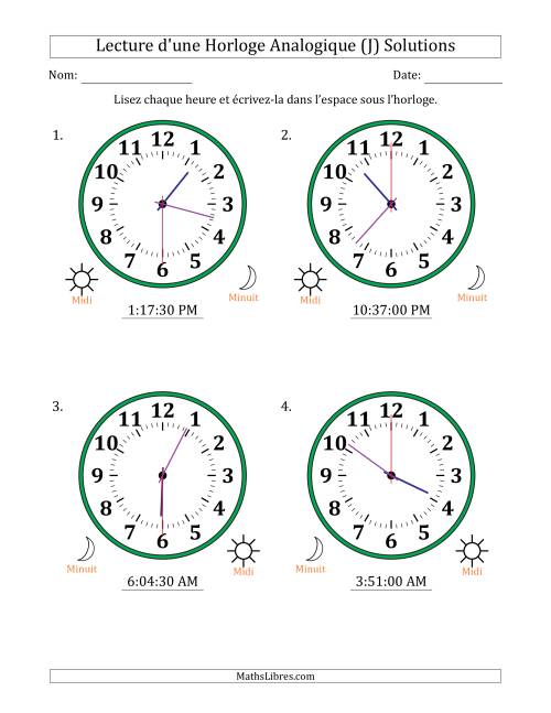 Lecture de l'Heure sur Une Horloge Analogique utilisant le système horaire sur 12 heures avec 30 Secondes d'Intervalle (4 Horloges) (J) page 2