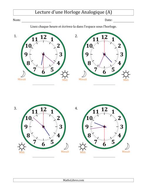 Lecture de l'Heure sur Une Horloge Analogique utilisant le système horaire sur 12 heures avec 30 Secondes d'Intervalle (4 Horloges) (Tout)