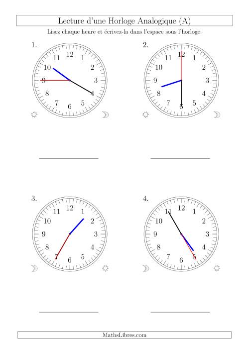Lecture de l'Heure sur Une Horloge Analogique avec 5 Minutes  & Secondes d'Intervalle (4 Horloges) (A)