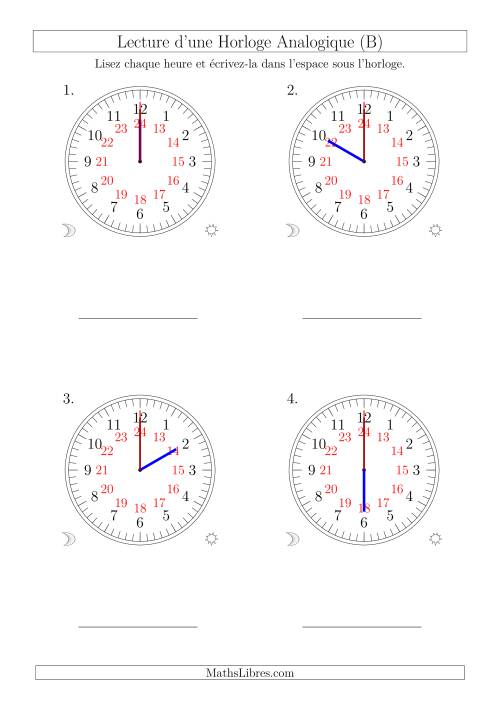 Lecture de l'Heure sur Une Horloge Analogique avec 60 Minutes  & Secondes d'Intervalle (4 Horloges) (B)