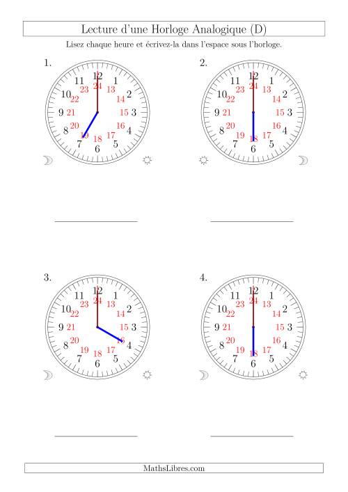 Lecture de l'Heure sur Une Horloge Analogique avec 60 Minutes  & Secondes d'Intervalle (4 Horloges) (D)