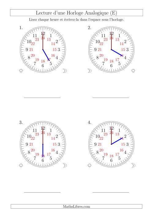 Lecture de l'Heure sur Une Horloge Analogique avec 60 Minutes  & Secondes d'Intervalle (4 Horloges) (E)